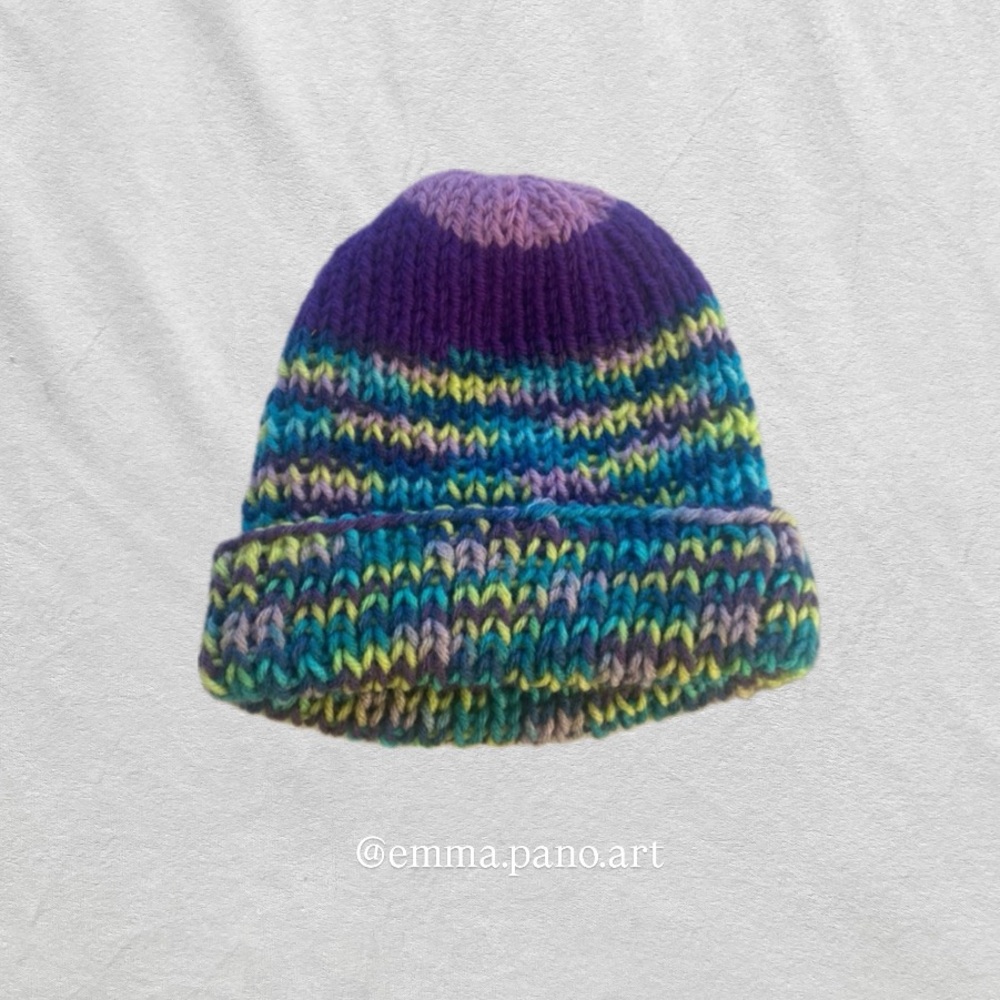 purple blue green striped fisherman style beanie hat